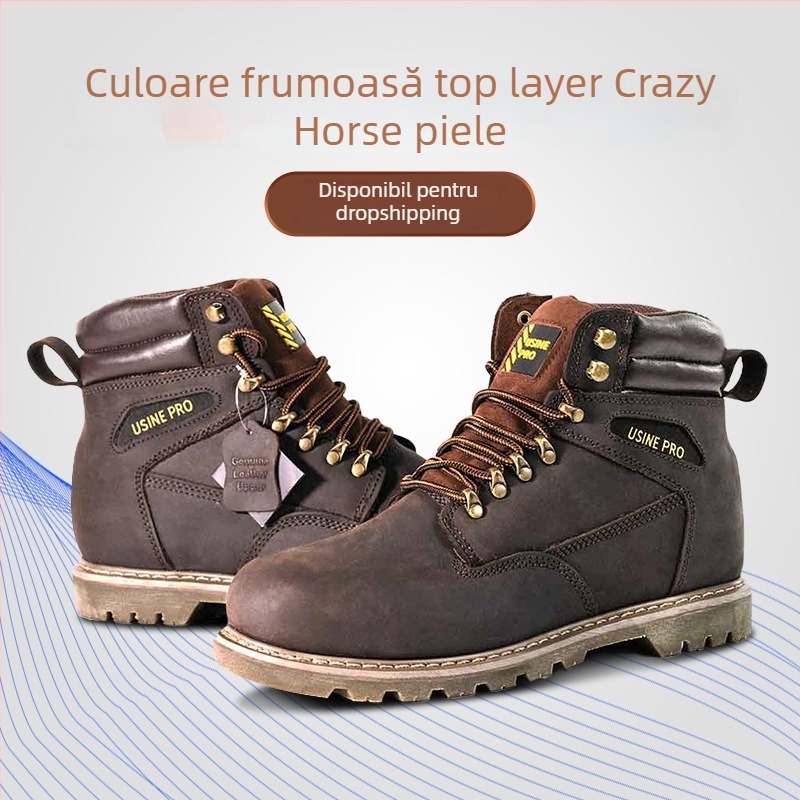 Pantofi de protecție pentru lucru cu cusături Goodyear, vârf și talpă din oțel, piele Crazy Horse, protecție împotriva șocurilor și perforațiilor