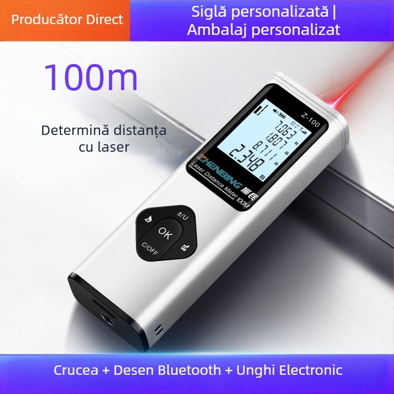 Distanțier laser portabil, seria Z, cu linie încrucișată — raza 0.5–100 m, precizie 0.001 m, tensiune 3.7 V, greutate 60.3 g