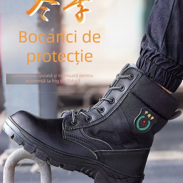 Pantofi de muncă cu protecție anti-perforație și antișoc, cu înălțime mare, material: piele microfibră + pânză, vârf din oțel, căptușeală din bumbac