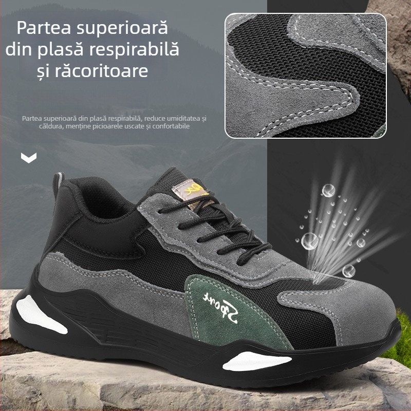 Încălțăminte de protecție pentru bărbați, respirabilă, ușoară, partea superioară joasă, nubuk + țesătură cu sârmă de oțel, vârf de oțel, anti-șoc și anti-perforație