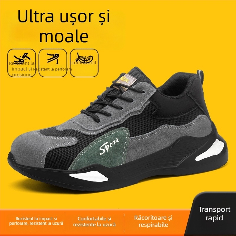Încălțăminte de protecție pentru bărbați, respirabilă, ușoară, partea superioară joasă, nubuk + țesătură cu sârmă de oțel, vârf de oțel, anti-șoc și anti-perforație