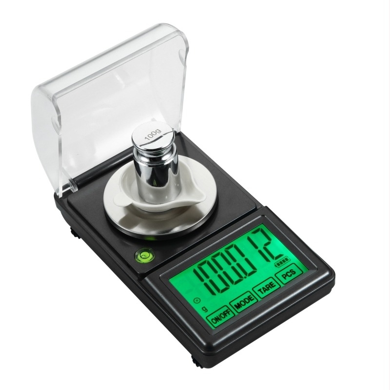 Cântar electronic pentru bijuterii, cu ecran mare iluminat, touchscreen, capacitate 100 g, rezoluție 0,001 g, nivela încorporat