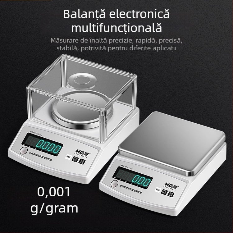 KCX-918 Balanță electronică, precizie 0.001 g, pentru uz casnic/comercial/industrial; alimentare: baterie Li-ion și priză