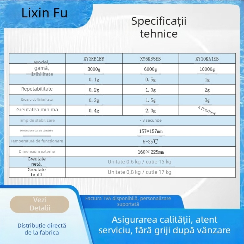 Balanță electronică de precizie cu ecran LCD, precizie 0.1 g, capacitate maximă 10000 g, tavă de cântărire reversibilă, modele 3KB1EB/6KB5EB/10KA1EB