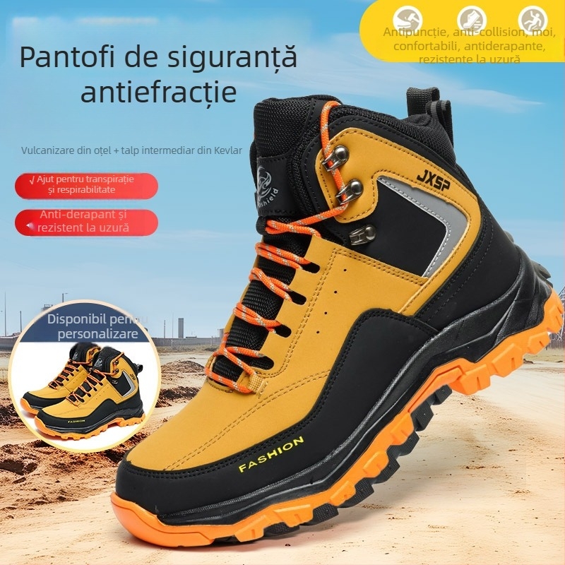 Pantofi de protecție pentru bărbați – antișoc și anti-perforație, piele microfibră, vârf din oțel, partea superioară înaltă