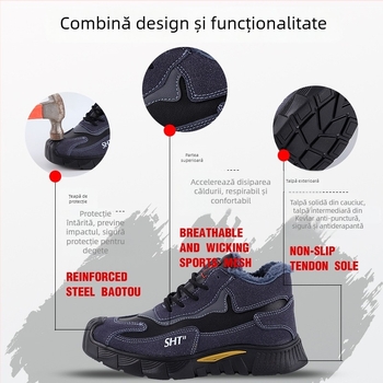Pantofi de protecție de iarnă pentru bărbați, vârf din oțel, rezistenți la uzură, anti-perforație, anti-alunecare, velur