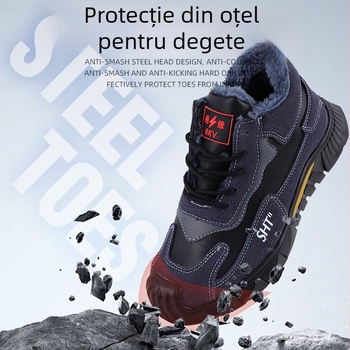 Pantofi de protecție de iarnă pentru bărbați, vârf din oțel, rezistenți la uzură, anti-perforație, anti-alunecare, velur