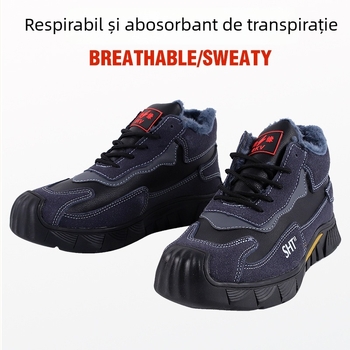 Pantofi de protecție de iarnă pentru bărbați, vârf din oțel, rezistenți la uzură, anti-perforație, anti-alunecare, velur