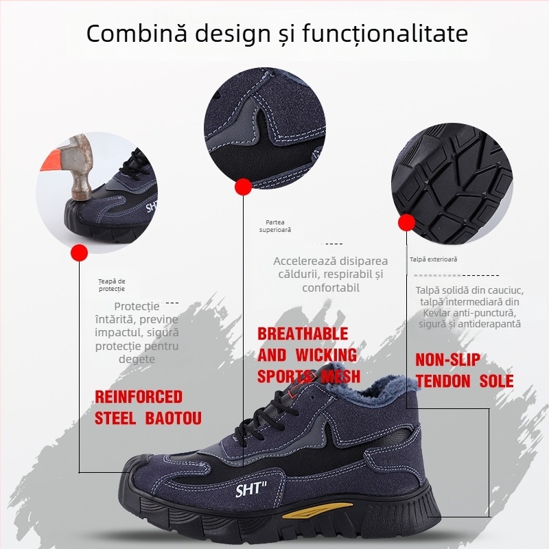 Pantofi de protecție de iarnă pentru bărbați, vârf din oțel, rezistenți la uzură, anti-perforație, anti-alunecare, velur