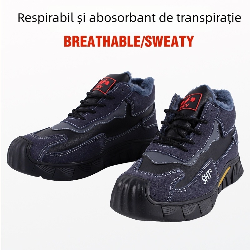 Pantofi de protecție de iarnă pentru bărbați, vârf din oțel, rezistenți la uzură, anti-perforație, anti-alunecare, velur