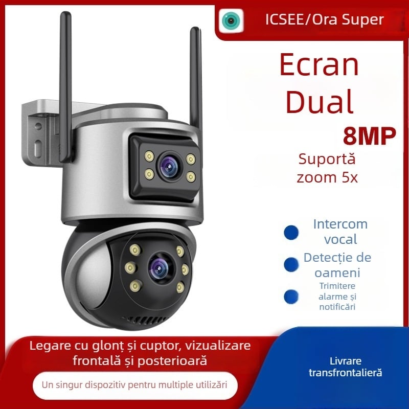 ICSEE Cameră de supraveghere wireless – exterior, rezistentă la intemperii, senzor 1/3\", obiectiv 3.6 mm, IR Night Vision până la 12 m, detecție mișcare și corpuri umane