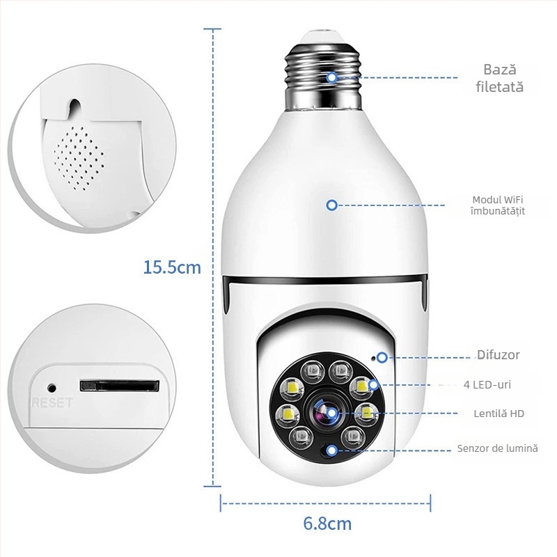 Cameră bec E27 pentru interior WiFi, obiectiv 3.6mm, suport microSD până la 256GB, 1 canal, vizualizare nocturnă cu detecție de alarmă