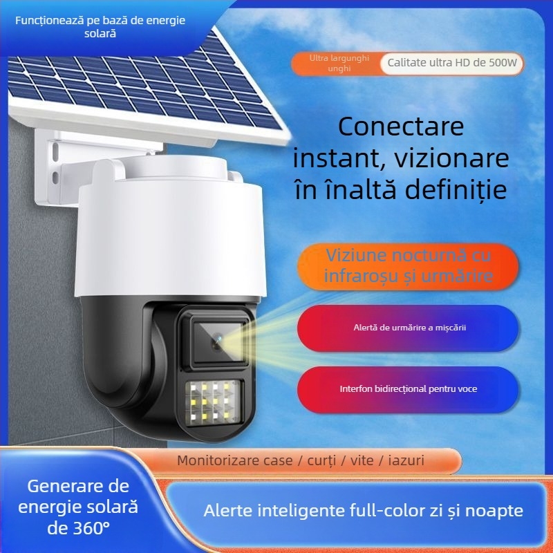 AOV Cameră alimentată cu energie solară, acoperire 360°, zi/noapte, înregistrare pe toată ziua, standby ultra-lung