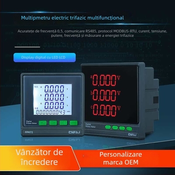 Contor de putere cu afișaj LCD pentru trei faze, măsoară curentul, tensiunea, frecvența și energia; interfață RS485