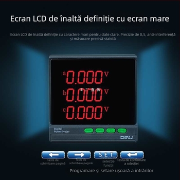 Contor de putere cu afișaj LCD pentru trei faze, măsoară curentul, tensiunea, frecvența și energia; interfață RS485