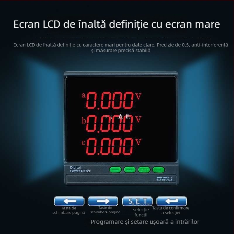 Contor de putere cu afișaj LCD pentru trei faze, măsoară curentul, tensiunea, frecvența și energia; interfață RS485