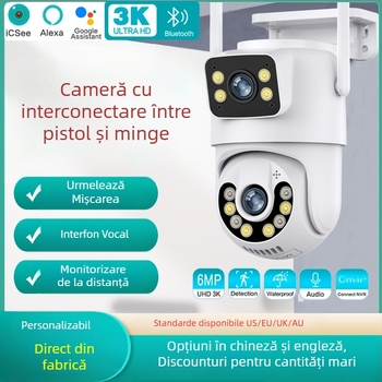 Cameră de supraveghere WiFi pentru exterior, cu pan-tilt, obiectiv dublu, vedere de noapte, 0.001 lux, senzor 1/2.8in, alimentare 12V