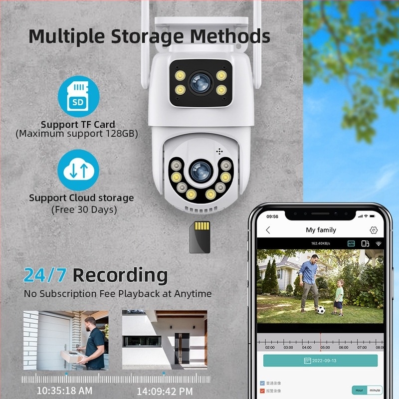Cameră de supraveghere WiFi pentru exterior, cu pan-tilt, obiectiv dublu, vedere de noapte, 0.001 lux, senzor 1/2.8in, alimentare 12V