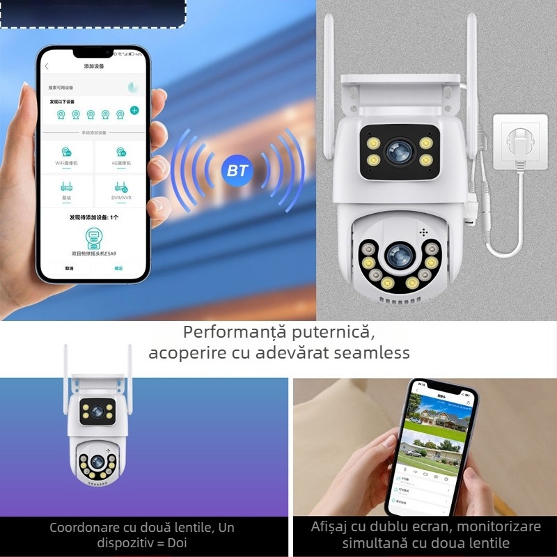 Cameră de supraveghere WiFi pentru exterior, cu pan-tilt, obiectiv dublu, vedere de noapte, 0.001 lux, senzor 1/2.8in, alimentare 12V