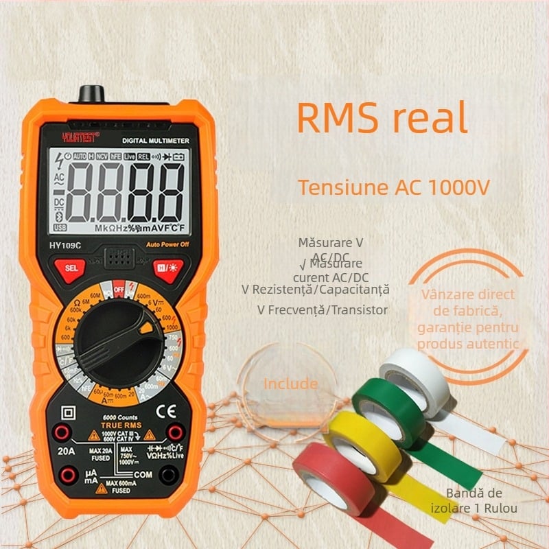 Multimetru digital portabil cu gamă largă de măsurare și protecție anti-arzire; măsoară temperatura, capacitatea electrică și frecvența