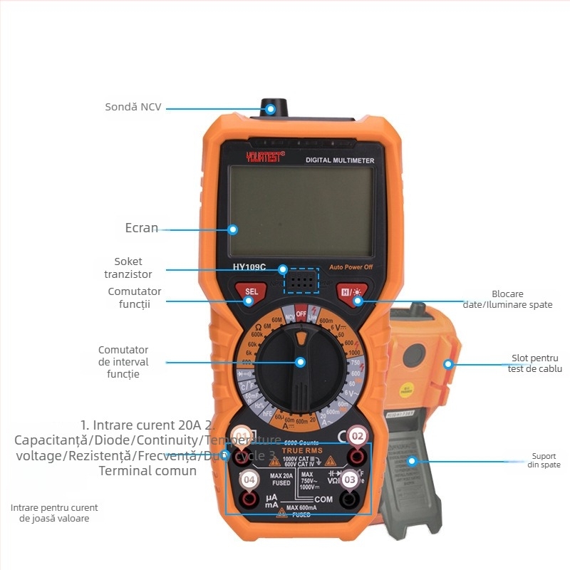 Multimetru digital portabil cu gamă largă de măsurare și protecție anti-arzire; măsoară temperatura, capacitatea electrică și frecvența