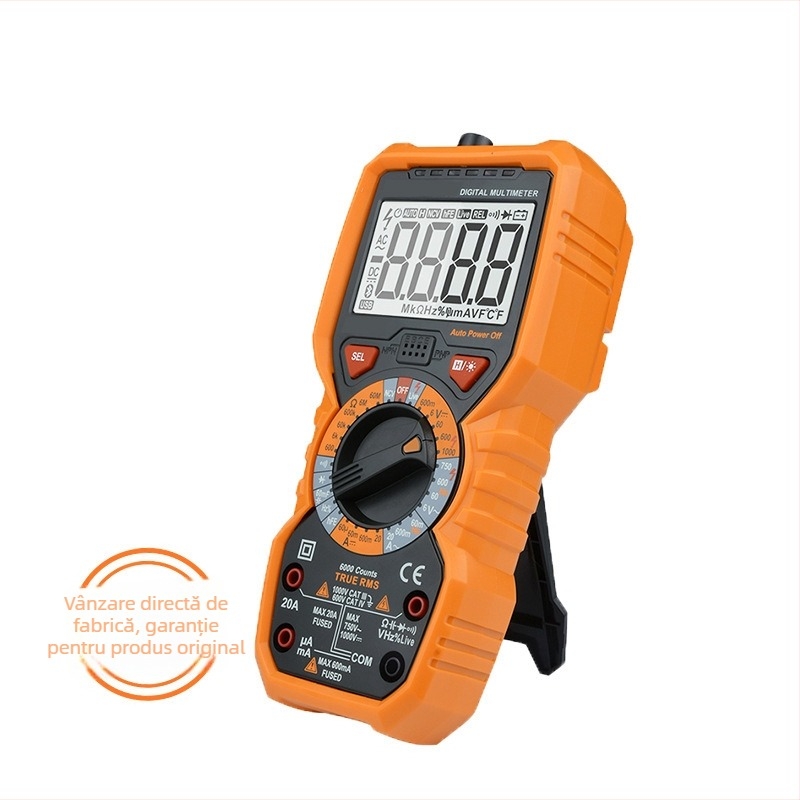 Multimetru digital portabil cu gamă largă de măsurare și protecție anti-arzire; măsoară temperatura, capacitatea electrică și frecvența