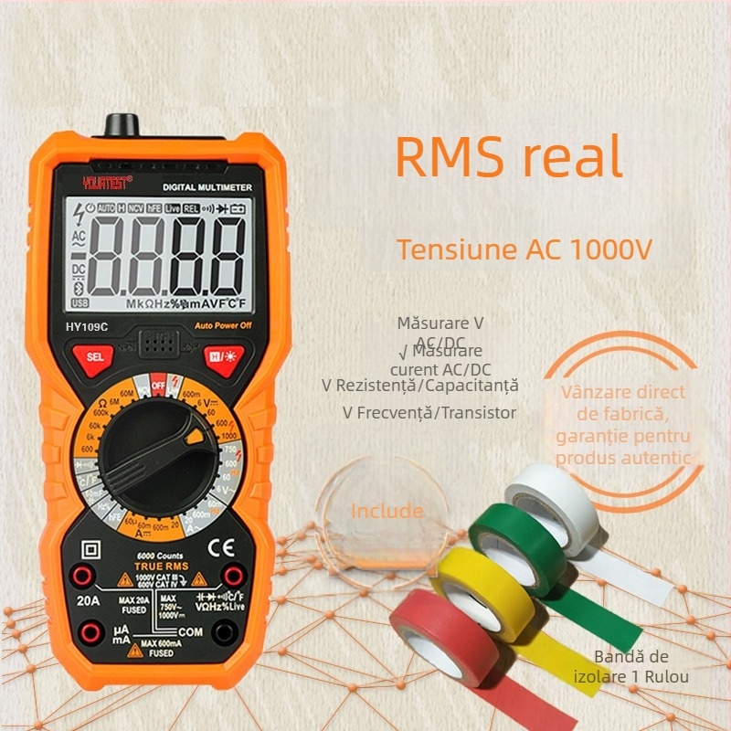 Multimetru digital portabil cu gamă largă de măsurare și protecție anti-arzire; măsoară temperatura, capacitatea electrică și frecvența