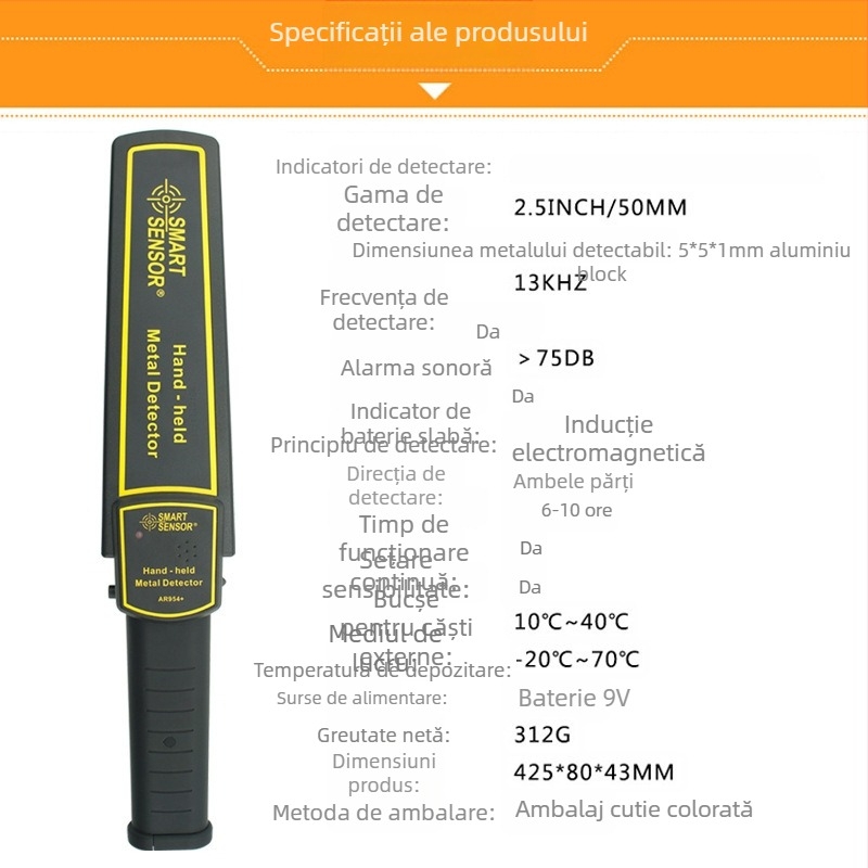 Detector portabil de metale Hima AR954, baterie 9V, moduri de alarmă: sonor, vibrație, alarmă prin căști