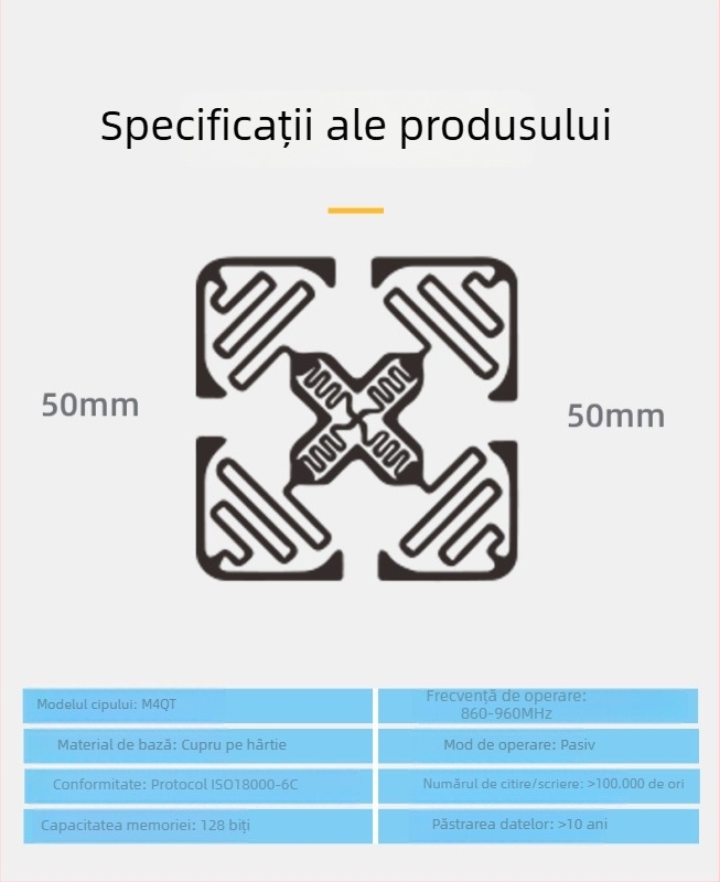 Etichetă RFID UHF, cip M4QT, citire/scriere, memorie 128, distanță citire 2-500