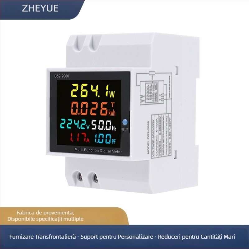 D52-2066 Măsurător digital pentru o singură fază, afișaj digital, măsurare tensiune, curent și putere, montaj pe DIN rail