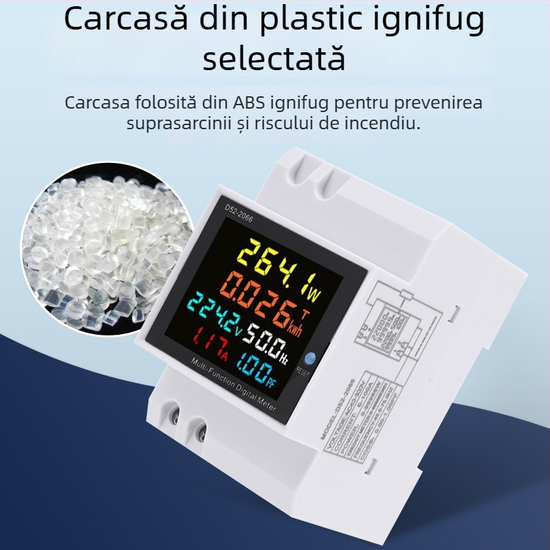 D52-2066 Măsurător digital pentru o singură fază, afișaj digital, măsurare tensiune, curent și putere, montaj pe DIN rail
