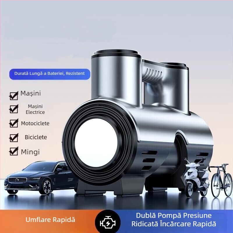 Pompa de pneu auto cu afișaj digital și manometru, 12V, 120W, cablu 3,5–4,0 m, furtun de 3 m, debit 35 L/min