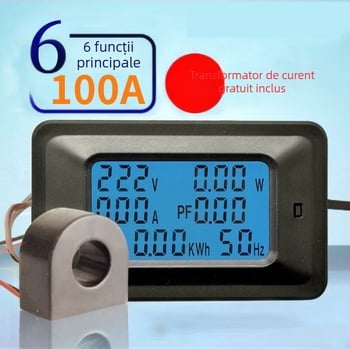 Instrument multifuncțional de măsurare a puterii cu afișaj digital; model 100A; tensiune măsurabilă 110–250V; curent măsurabil 1–100A.