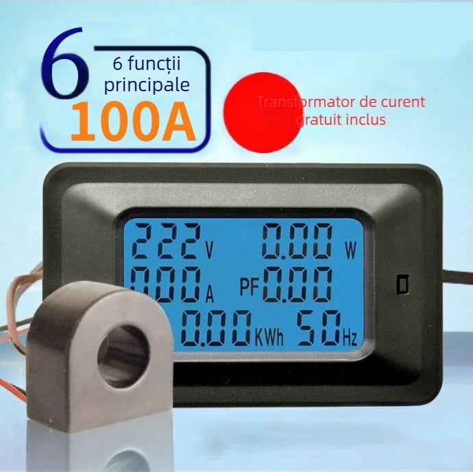 Instrument multifuncțional de măsurare a puterii cu afișaj digital; model 100A; tensiune măsurabilă 110–250V; curent măsurabil 1–100A.