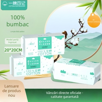 Șervețel demachiant de față, din bumbac, o singură folosință - 100% bumbac, 1 strat, curățare umedă și uscată, ambalaj de 60 de bucăți, pentru sugari și adulți