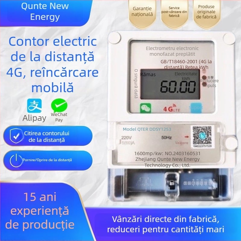 Contor electric monophasat 4G, de la distanță, preplătit, cu încărcare prin cod QR, citire Bluetooth, inteligent pentru locuințe închiriate