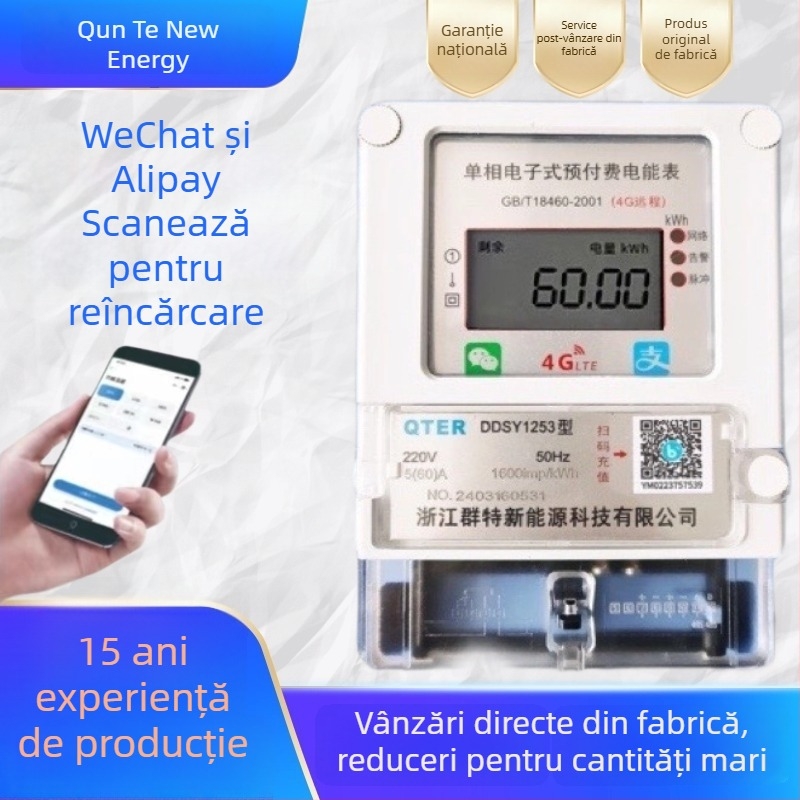 Contor electric monophasat 4G, de la distanță, preplătit, cu încărcare prin cod QR, citire Bluetooth, inteligent pentru locuințe închiriate