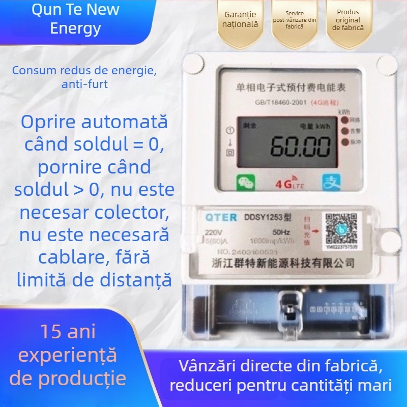 Contor electric monophasat 4G, de la distanță, preplătit, cu încărcare prin cod QR, citire Bluetooth, inteligent pentru locuințe închiriate