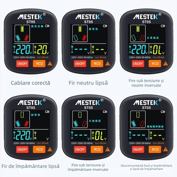 Tester multifuncțional pentru prize cu afișaj digital, detector de fază, verificare a conductorului de împământare, neutralului și conductorului de fază, test de scurgeri de curent