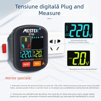 Tester multifuncțional pentru prize cu afișaj digital, detector de fază, verificare a conductorului de împământare, neutralului și conductorului de fază, test de scurgeri de curent