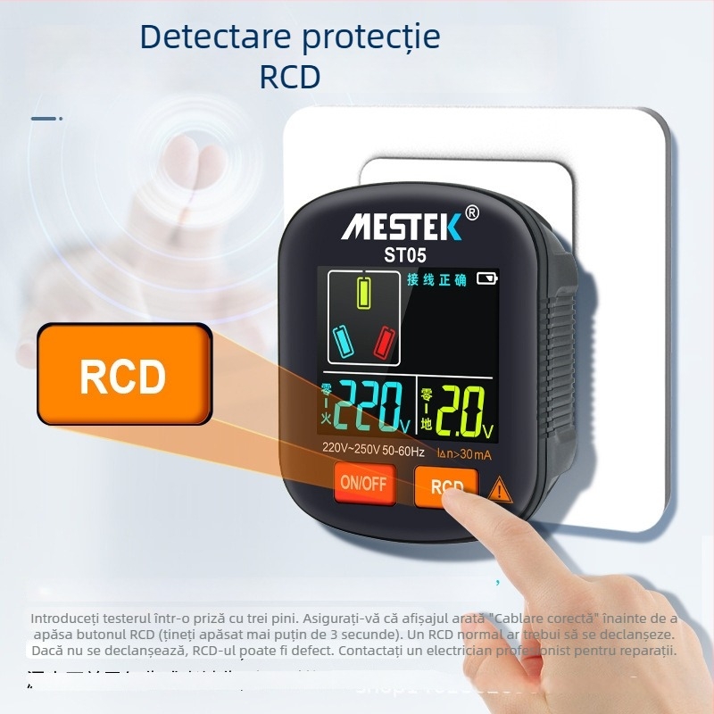 Tester multifuncțional pentru prize cu afișaj digital, detector de fază, verificare a conductorului de împământare, neutralului și conductorului de fază, test de scurgeri de curent
