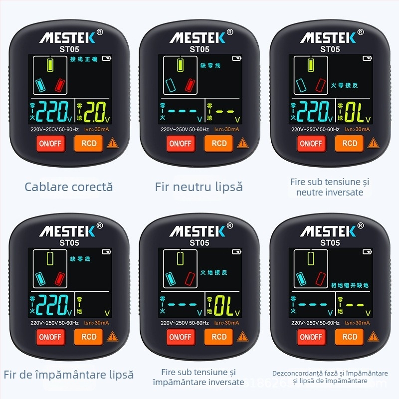 Tester multifuncțional pentru prize cu afișaj digital, detector de fază, verificare a conductorului de împământare, neutralului și conductorului de fază, test de scurgeri de curent