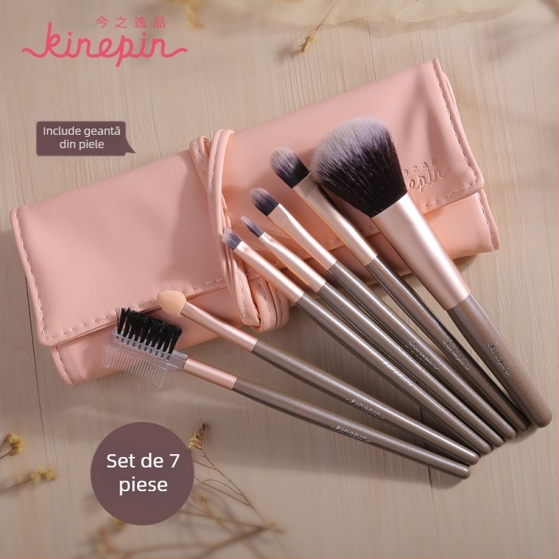 Set de pensule de machiaj pentru începători, 7 piese, peri din nylon, mâner din lemn, husă PU de depozitare