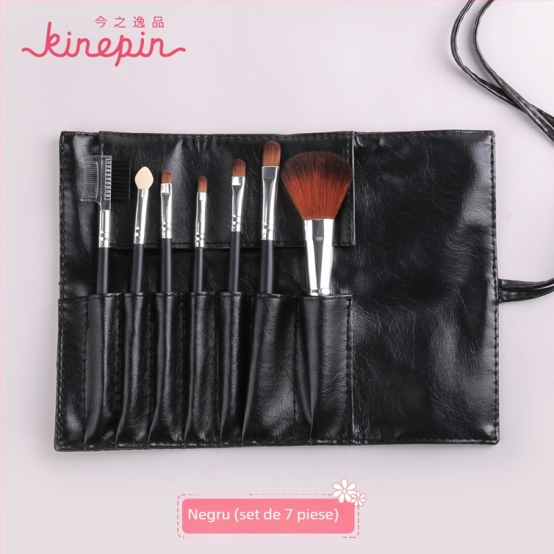 Set de pensule de machiaj pentru începători, 7 piese, peri din nylon, mâner din lemn, husă PU de depozitare