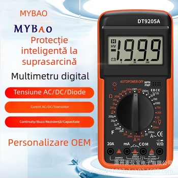 DT9205A multimetru digital, protecție anti-arsură, înaltă precizie, instrument universal pentru curentul AC; domeniu curent DC 20 mA–20 A; capacitate 200 µF