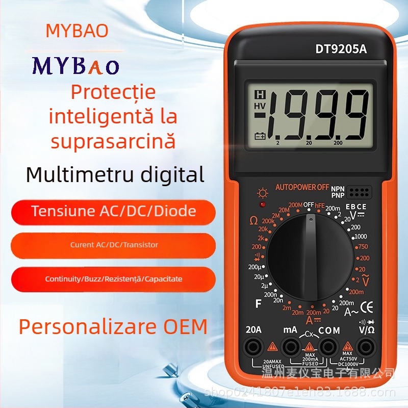 DT9205A multimetru digital, protecție anti-arsură, înaltă precizie, instrument universal pentru curentul AC; domeniu curent DC 20 mA–20 A; capacitate 200 µF