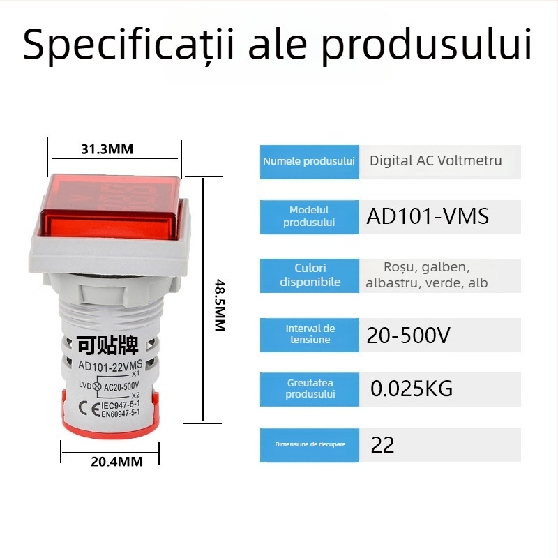 Voltmetru AC 60-500V, afișaj digital mare, indicator LED, Kaige