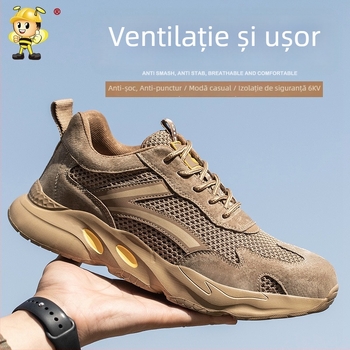 Încălțăminte de lucru cu talpă joasă, vârf din oțel, protecție antișoc și anti-perforație, partea superioară respirabilă din velur și plasă, rezistență la temperaturi înalte