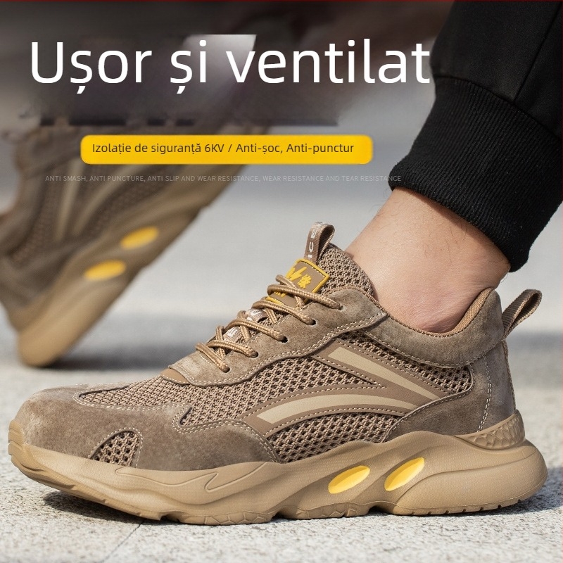 Încălțăminte de lucru cu talpă joasă, vârf din oțel, protecție antișoc și anti-perforație, partea superioară respirabilă din velur și plasă, rezistență la temperaturi înalte