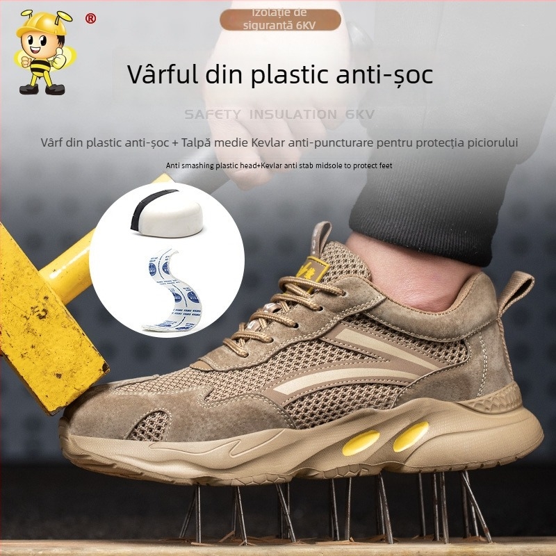 Încălțăminte de lucru cu talpă joasă, vârf din oțel, protecție antișoc și anti-perforație, partea superioară respirabilă din velur și plasă, rezistență la temperaturi înalte
